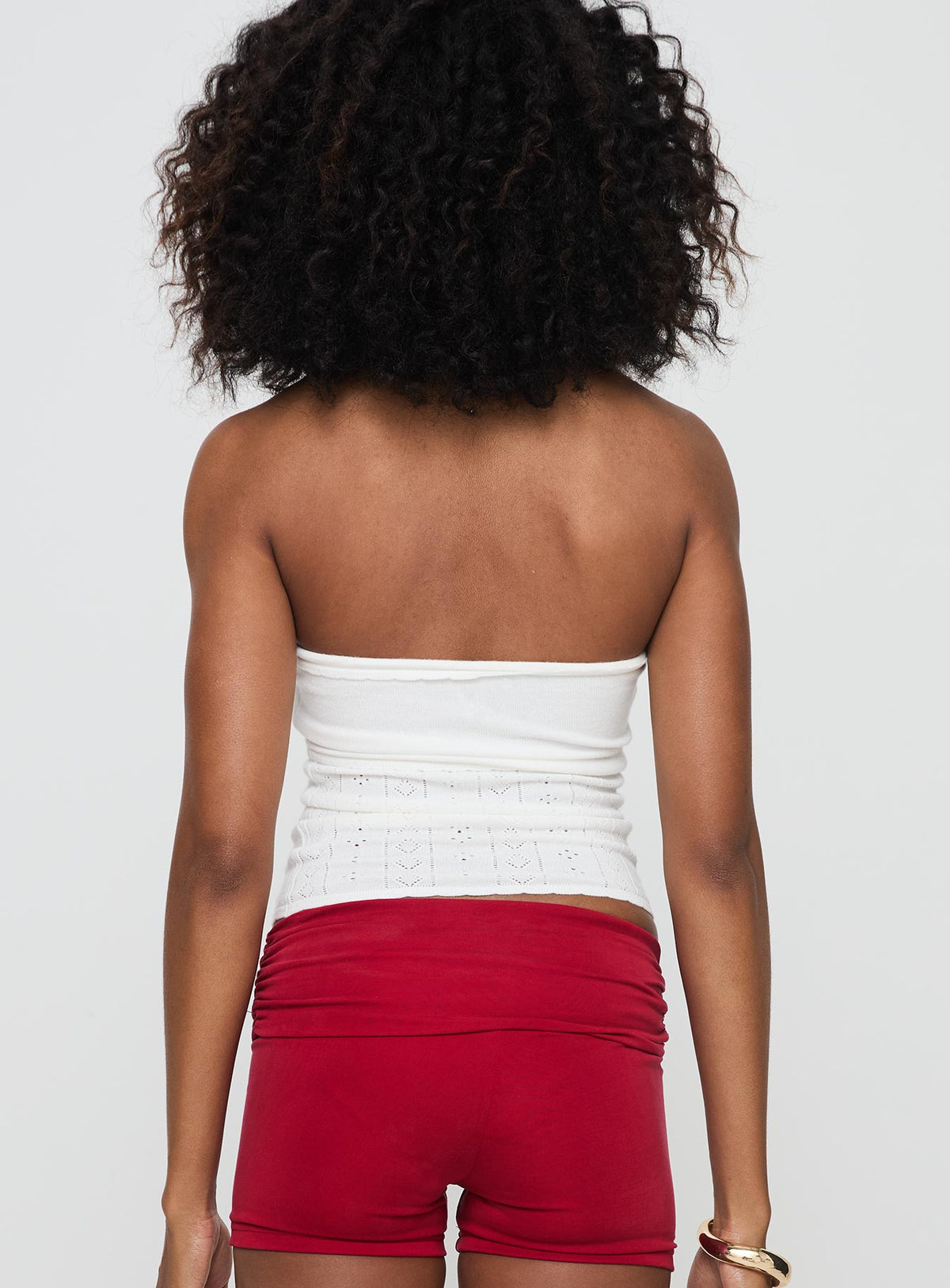 back view of model wearing Princess Polly Seona Strapless Top White Sleeveless straight 