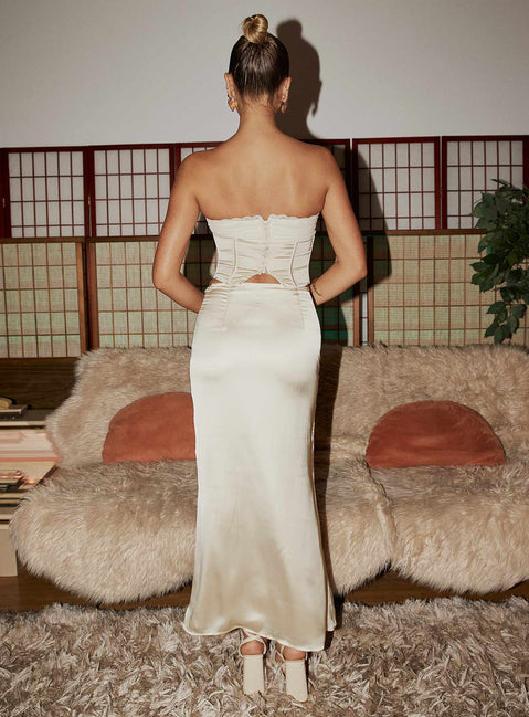 back view of model wearing Princess Polly Suga Maxi Skirt Cream Maxi Skirts Skirts 