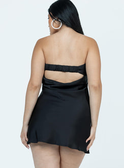 back view of model wearing Princess Polly Phillipa Mini Dress Black Petite Straight Neck 