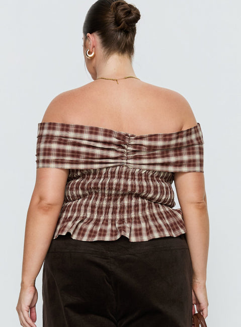 Avalynn Off Shoulder Shirred Top Brown Check Curve