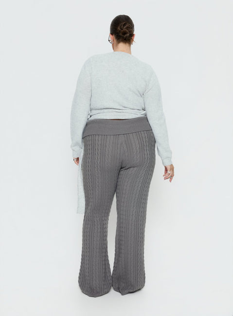 back view of model wearing Princess Polly Baleigh Cable Knit Foldover Pants Grey Curve High Rise Pants Pants 