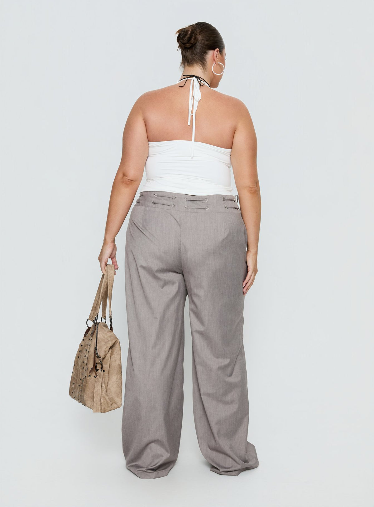 back view of model wearing Princess Polly Just Have Fun Wide Leg Pant Grey Curve Mid Rise Pants Pants 