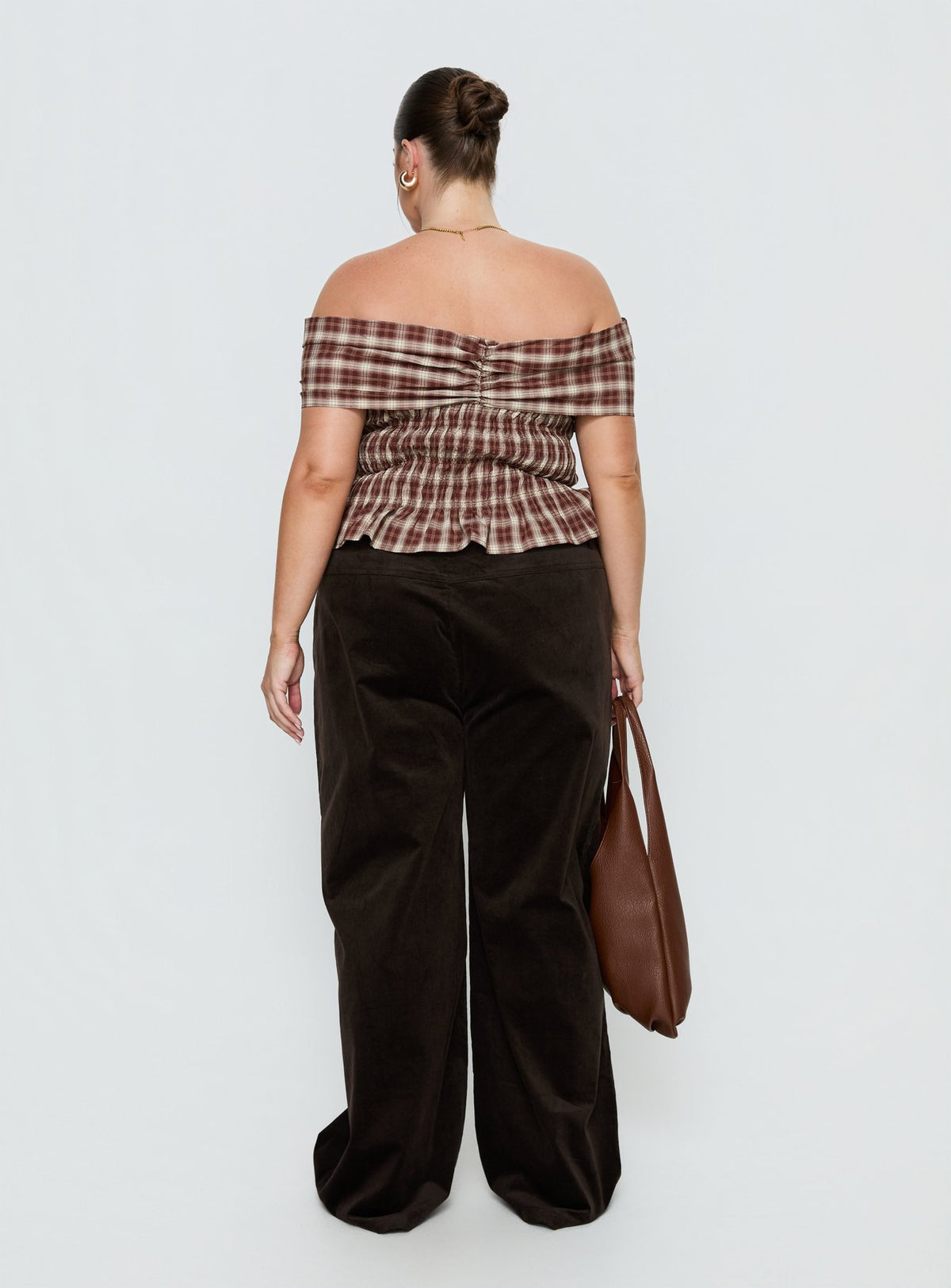 back view of model wearing Princess Polly Kenza Wide Leg Corduroy Pant Brown Curve Mid Rise Pants Pants 
