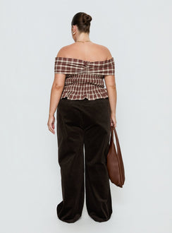 back view of model wearing Princess Polly Kenza Wide Leg Corduroy Pant Brown Curve Mid Rise Pants Pants 