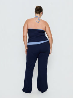 back view of model wearing Princess Polly Kobee Jersey Flare Pants Navy / Light Blue Curve High Rise Pants Pants 