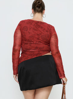 back view of model wearing Princess Polly Nadya Satin Tailored Mini Skirt Black Curve Skirts 