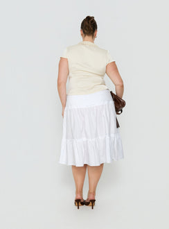 Presenting the Cascades Low Rise Midi Skirt White Curve in womens-skirts with midi length back view of model wearing