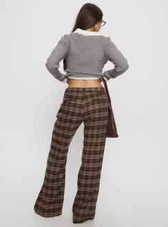 back view of model wearing Princess Polly Emiroki Straight Leg Pants Brown Check Mid Rise Pants Pants 
