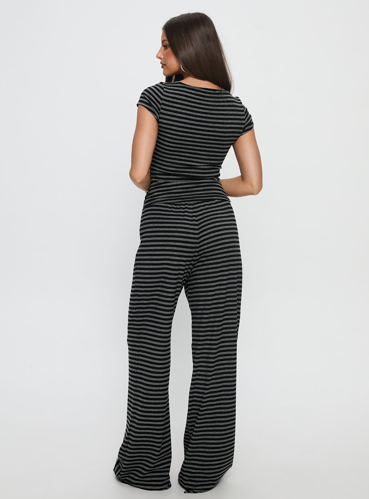 back view of model wearing Princess Polly Gavrielle Jersey Wide Leg Pants Stripe High Rise Pants Pants 