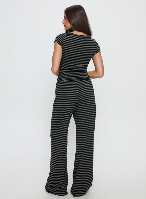 back view of model wearing Princess Polly Gavrielle Jersey Wide Leg Pants Stripe High Rise Pants Pants 