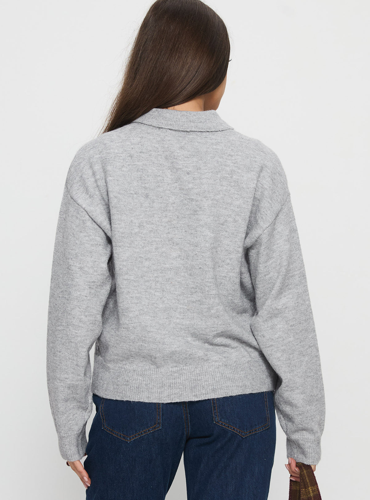 back view of model wearing Princess Polly Nadyna Collared Cardigan Grey Marle Jumpers 