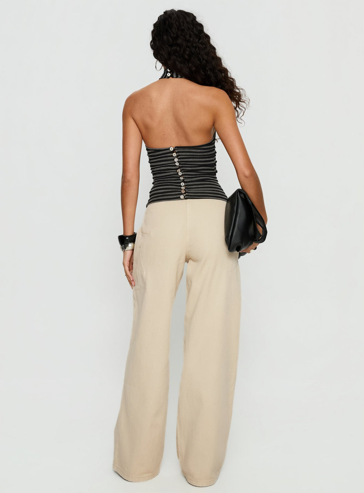 back view of model wearing Princess Polly Dolley Star Stitch Mid Rise Wide Leg Jean Ecru Mid Rise Jeans Jeans 