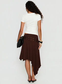 back view of model wearing Princess Polly Lorensa Double Buckle Asymmetrical Midi Skirt Brown Midi Skirts Skirts 