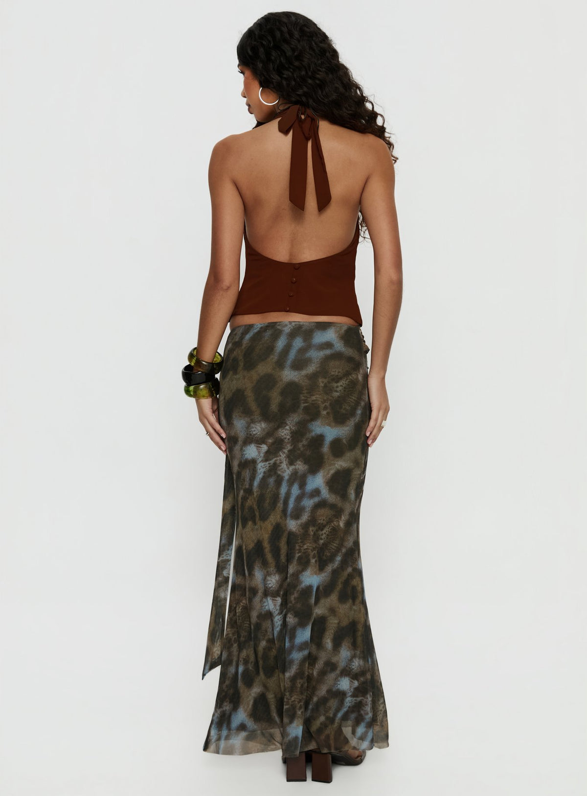 back view of model wearing Princess Polly Caviar Tie Maxi Skirt Leopard Skirts 
