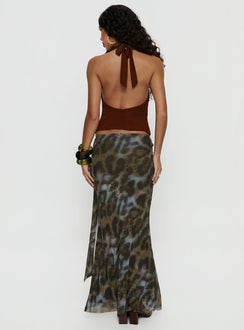 back view of model wearing Princess Polly Caviar Tie Maxi Skirt Leopard Skirts 