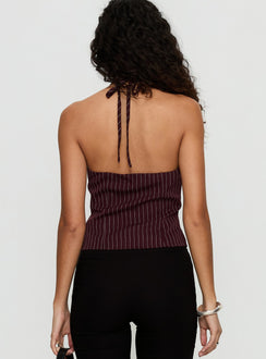 No Sleep Halter Top Burgundy Pinstripe