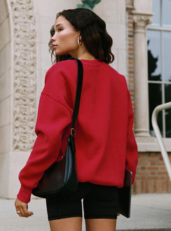 back view of model wearing Princess Polly Dream Fleece Classic Crewneck Sweatshirt Red Longline Jumpers Jumpers 