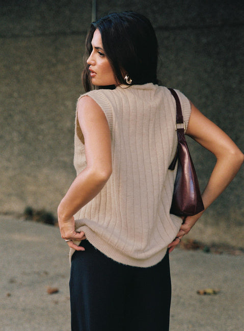 back view of model wearing Princess Polly Brookvale Button Up Knit Vest Beige Longline Jumpers Jumpers 