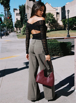 back view of model wearing Princess Polly West Side Mid Rise Wide Leg Jeans Grey Wash Mid Rise Jeans Jeans 