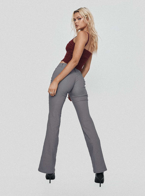 back view of model wearing Princess Polly Kinkirk Flared Pants Grey Mid Rise Pants Pants 