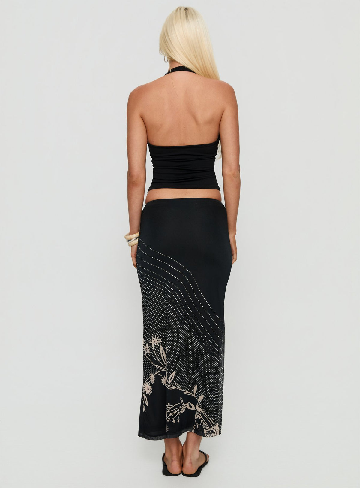back view of model wearing Princess Polly Dreamers Midi Skirt Multi Floral Maxi Skirts Skirts 