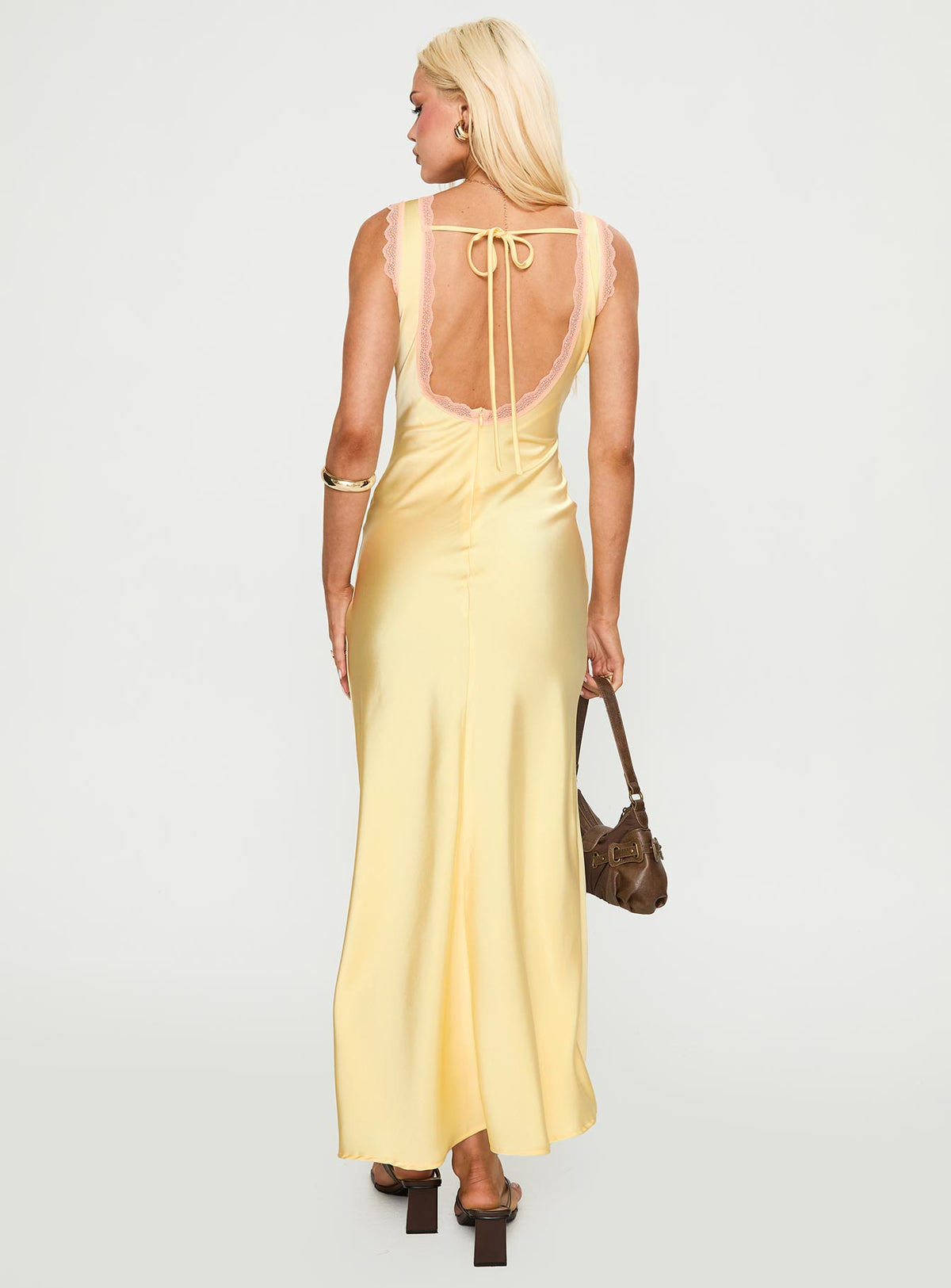 back view of model wearing Princess Polly Prophecies Lace Maxi Dress Lemon Plunger 