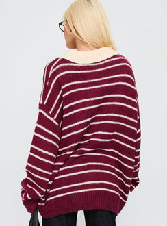Styled in Rising Sun Jersey Crimson womens jumpers with long oversized striped v-neck and collar back view of model wearing Princess Polly
