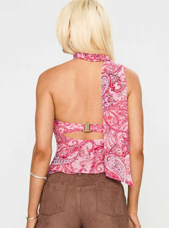 back view of model wearing Princess Polly Superstitions Scarf Top Pink Multi Sleeveless Sweetheart 