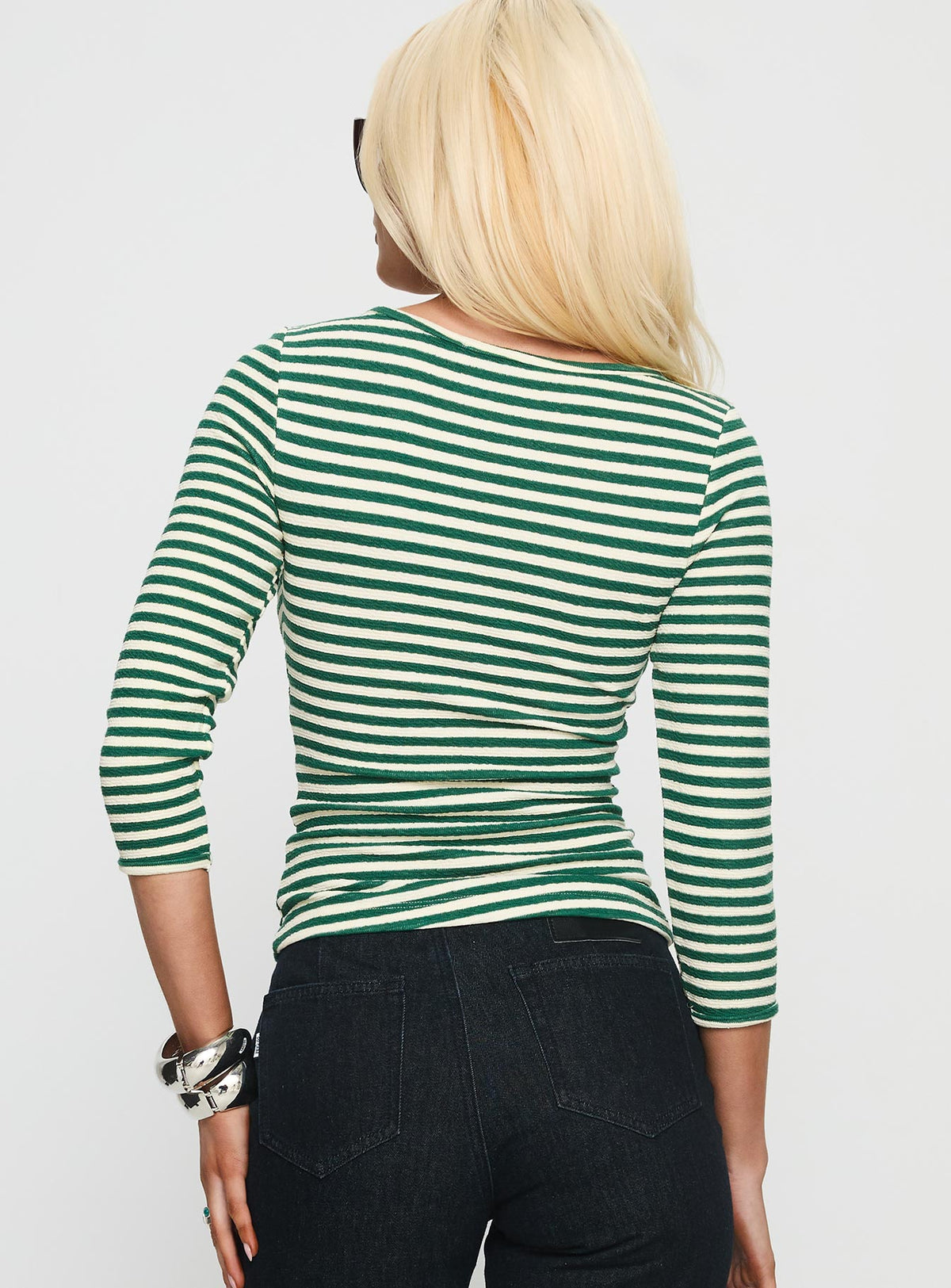 Missouri 3/4 Sleeve Textured Top Green Stripe