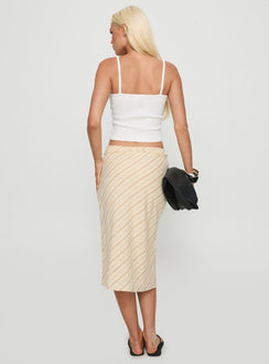 back view of model wearing Princess Polly Asmara Tie Side Midi Skirt Yellow Stripe Midi Skirts Skirts 