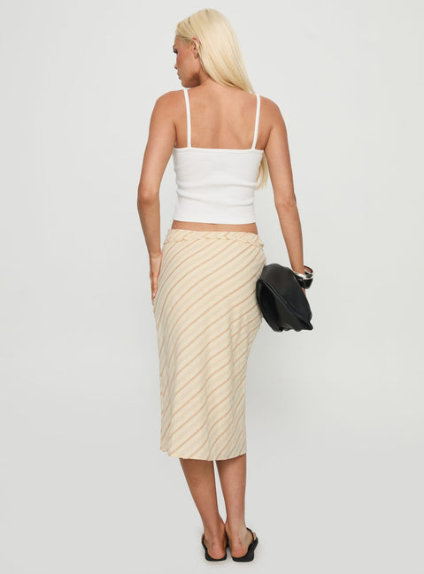 back view of model wearing Princess Polly Asmara Tie Side Midi Skirt Yellow Stripe Midi Skirts Skirts 