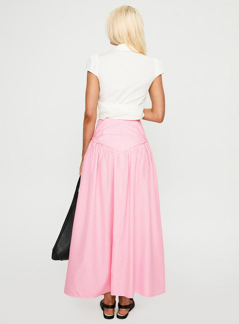 back view of model wearing Princess Polly Apresia Maxi Skirt Pink Gingham Maxi Skirts Skirts 