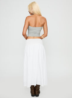 back view of model wearing Princess Polly Small Towns Shirred Midi Skirt White Midi Skirts Skirts 