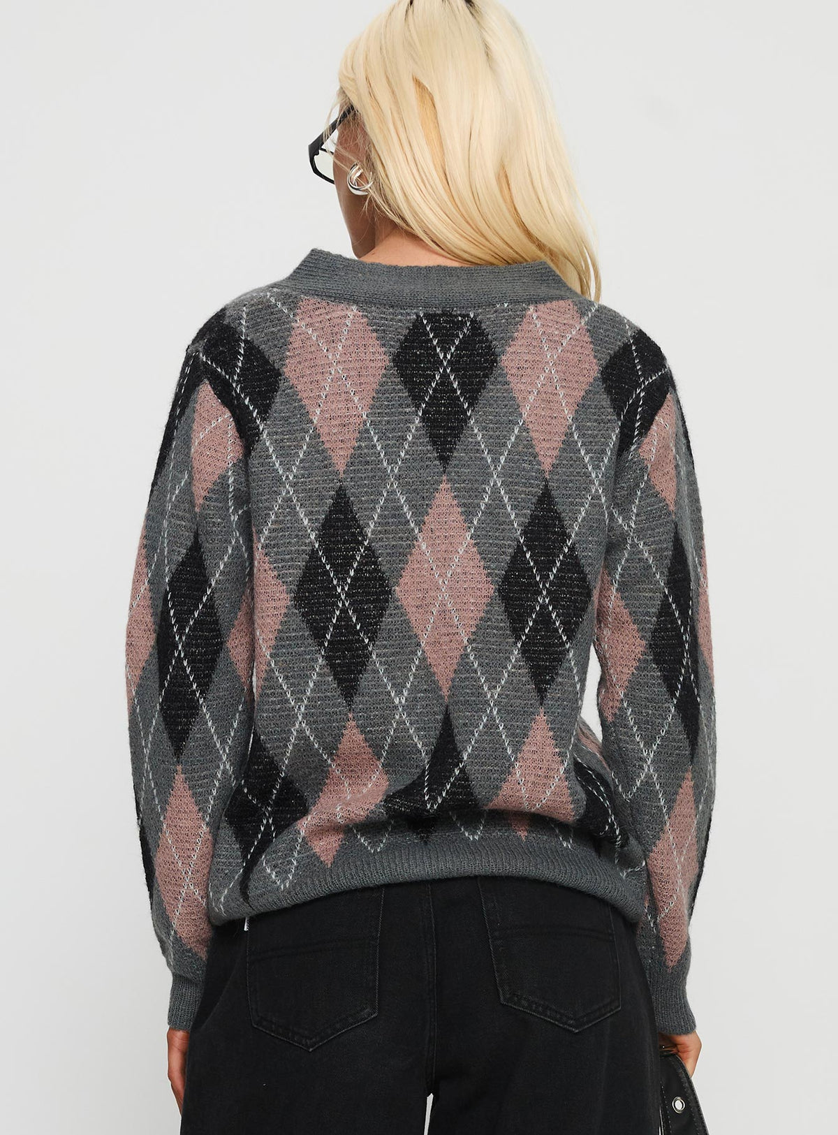 back view of model wearing Princess Polly Zeeva Button Through Knit Cardigan Grey Argyle Longline Jumpers Jumpers 