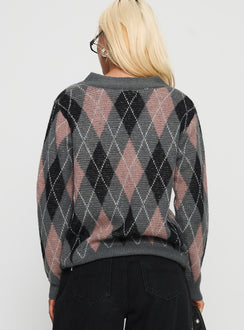 back view of model wearing Princess Polly Zeeva Button Through Knit Cardigan Grey Argyle Longline Jumpers Jumpers 