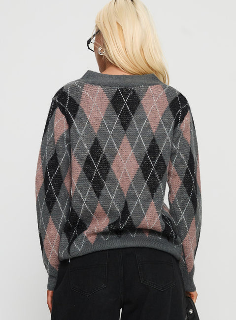 back view of model wearing Princess Polly Zeeva Button Through Knit Cardigan Grey Argyle Longline Jumpers Jumpers 