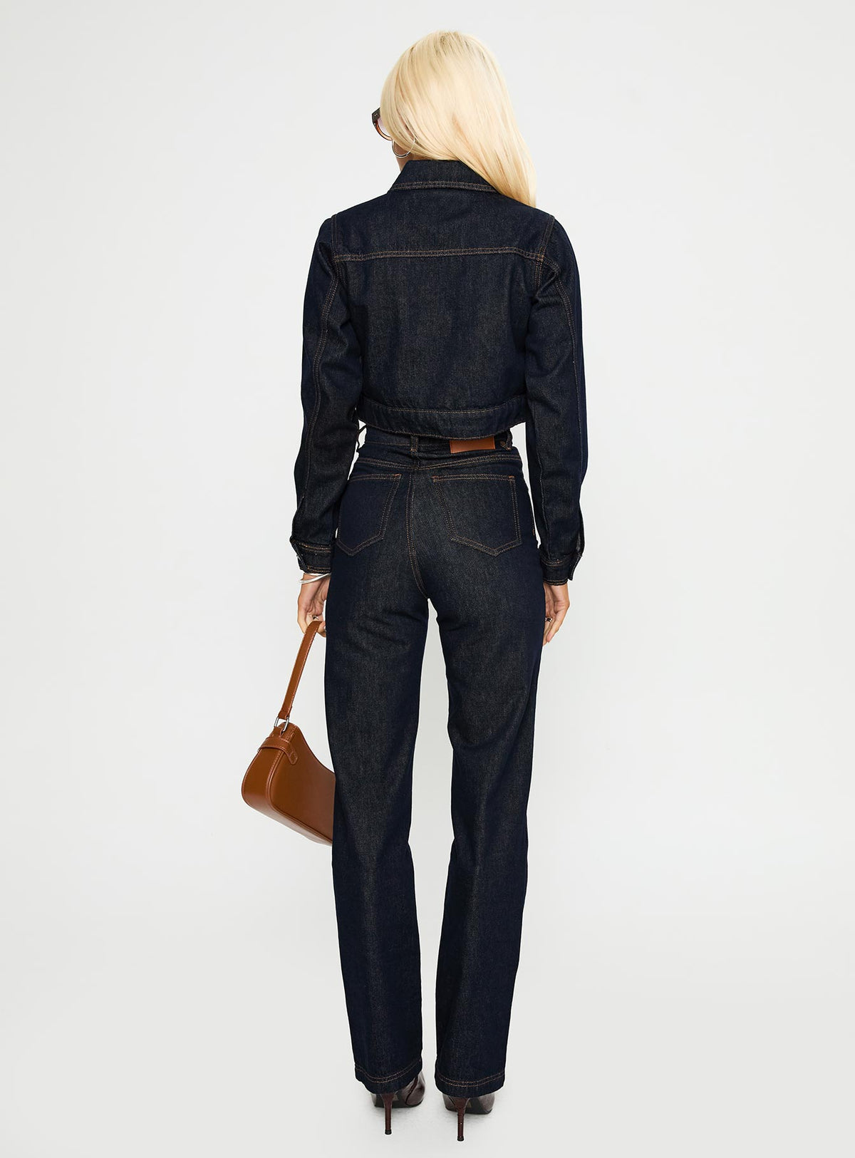back view of model wearing Princess Polly Stallion Straight Leg Jeans Indigo High Waisted 
