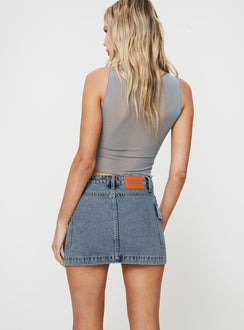 back view of model wearing Princess Polly Zakai Cargo Denim Mini Skirt Light Blue Denim Mini Skirts Skirts 