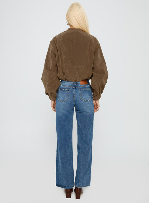 back view of model wearing Princess Polly Saving Up Mid Rise Straight Leg Studded Jeans Mid Blue Mid Rise Jeans Jeans 