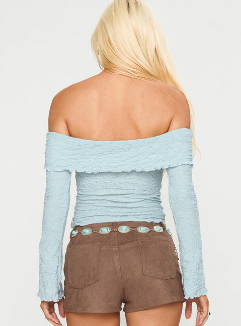 back view of model wearing Princess Polly Back With Love Off Shoulder Long Sleeve Top Blue Full Sleeves straight 