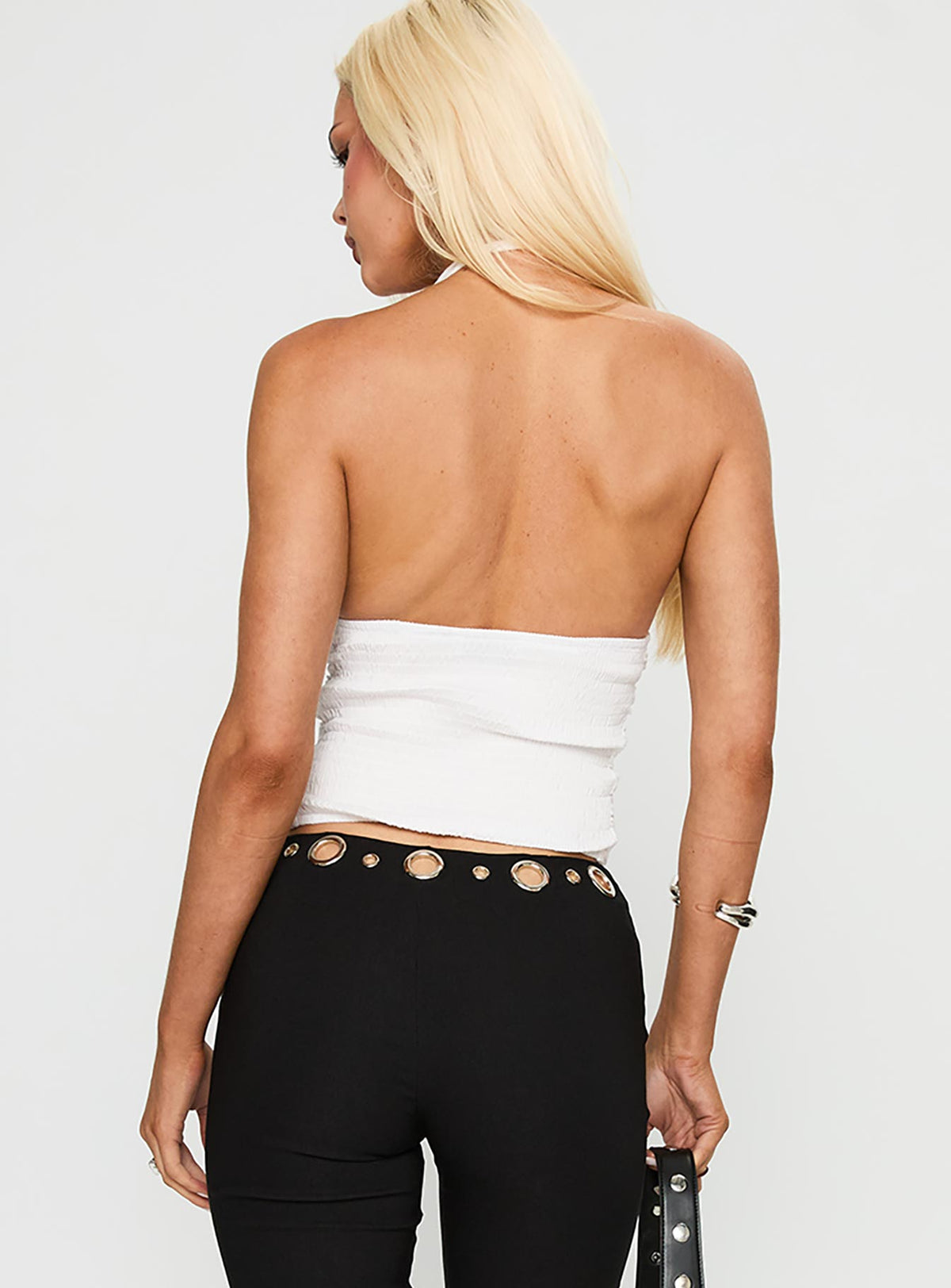 back view of model wearing Princess Polly Light Of Day Top White Sleeveless Plunger 