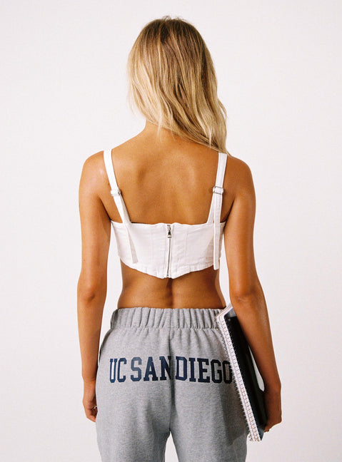back view of model wearing Princess Polly UCSD Denim Corset Top White Sleeveless Square Neck 