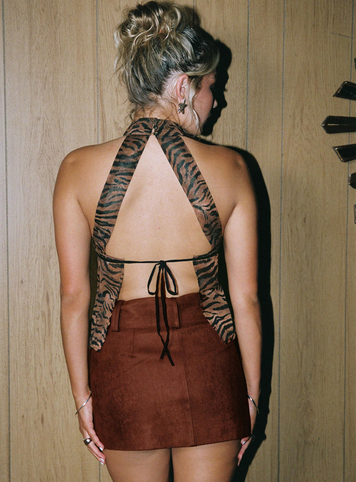 back view of model wearing Princess Polly Movita Belted Mini Skirt Brown Skirts 