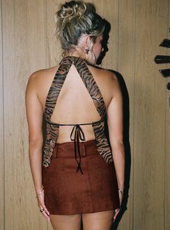 back view of model wearing Princess Polly Movita Belted Mini Skirt Brown Skirts 