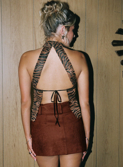 back view of model wearing Princess Polly Movita Belted Mini Skirt Brown Skirts 