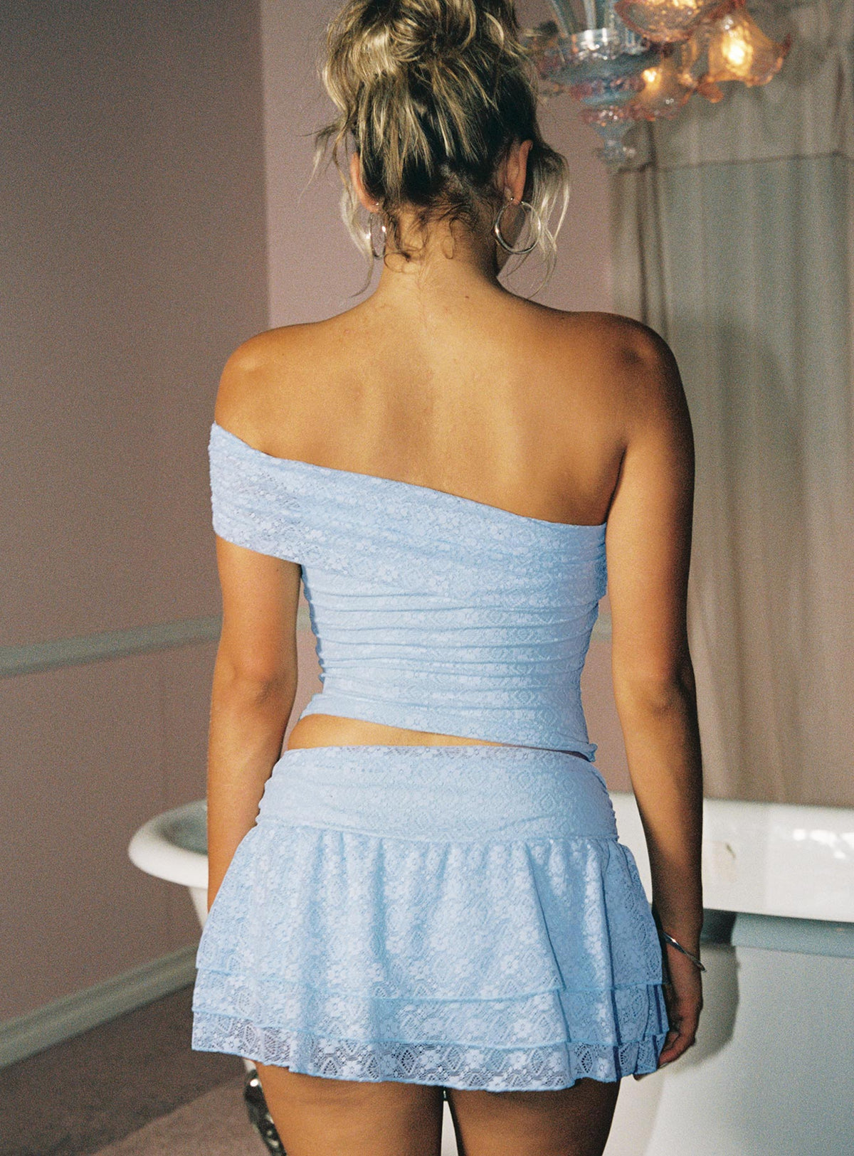 back view of model wearing Princess Polly Believe In Paradise Mesh Mini Skort Blue Low Rise Shorts 