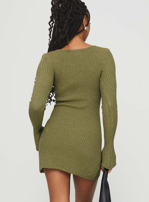 back view of model wearing Princess Polly Osment Long Sleeve Knit Mini Dress Olive Boat Neck 