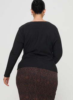 back view of model wearing Princess Polly Gaskin Long Sleeve Top Black Curve Full Sleeves Square Neck 