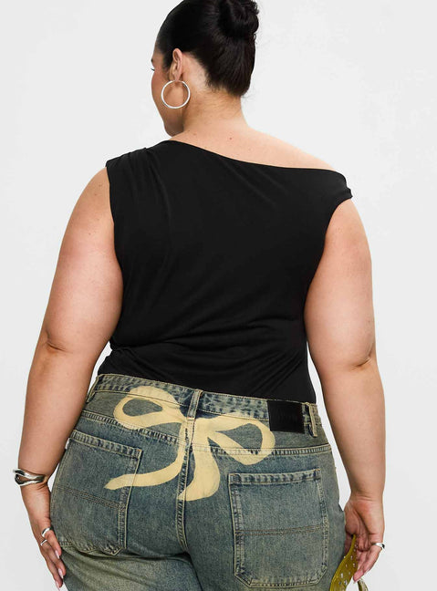 back view of model wearing Princess Polly Miyako Bodysuit Black Curve Sleeveless Bodysuit 