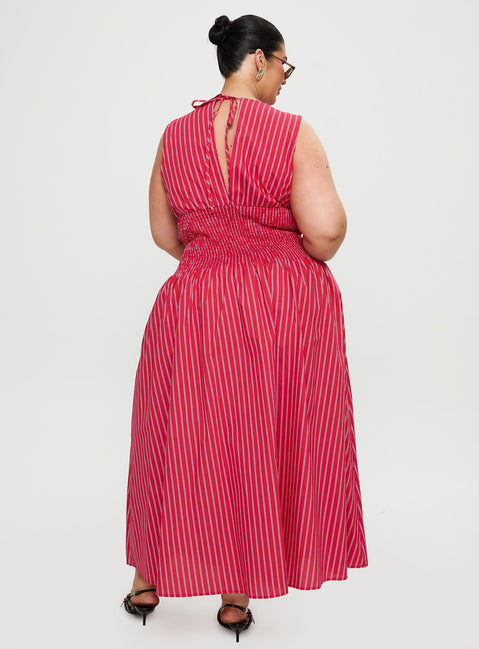 back view of model wearing Princess Polly Lilienne Cotton Poplin Maxi Dress Red Stripe Curve Crew Neck 